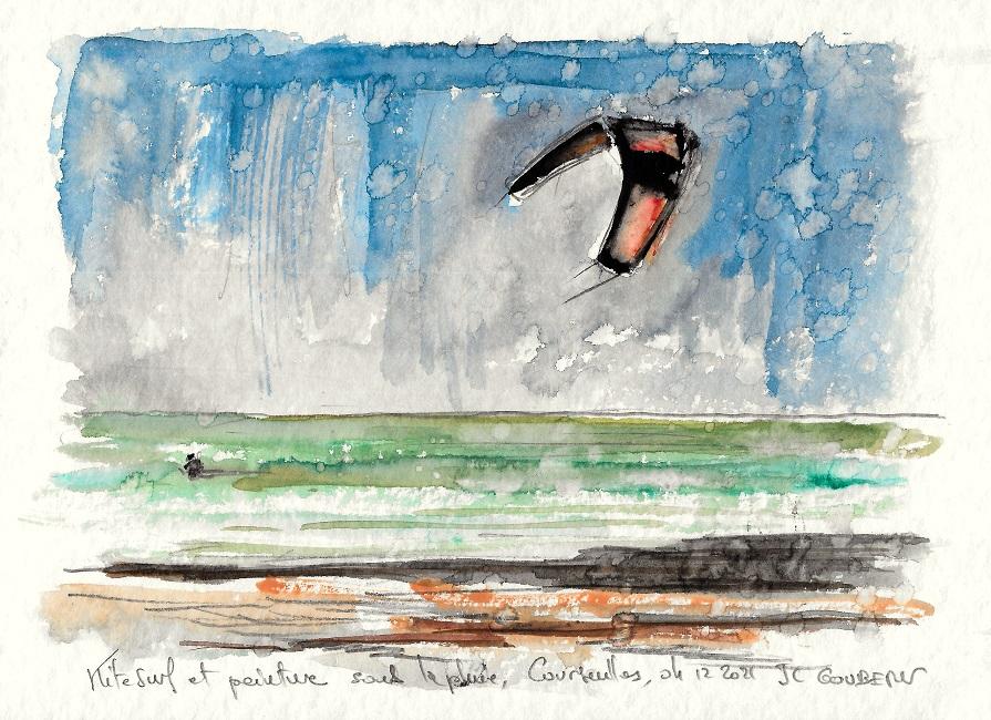 Kitesurf et peinture sous la pluie, Courseulles-sur-Mer