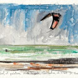 Kitesurf et peinture sous la pluie, Courseulles-sur-Mer